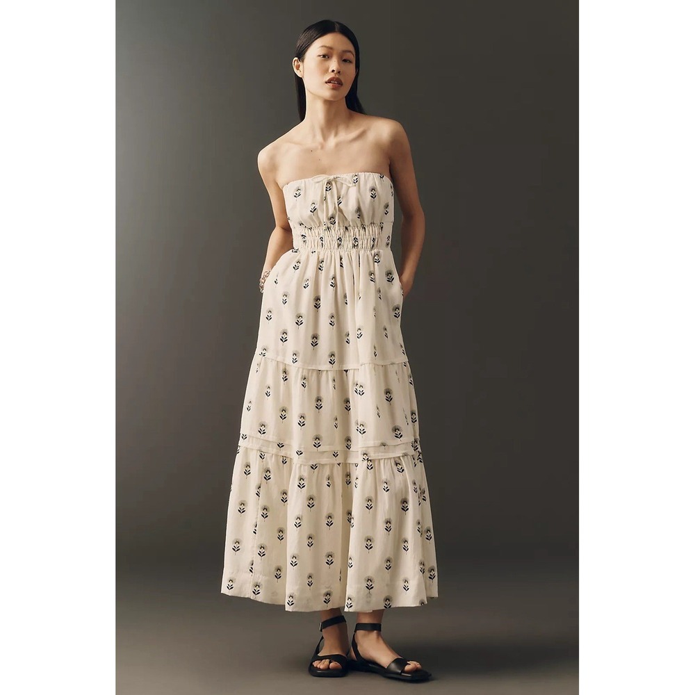 By Anthropologie Somerset Linen Blend Strapless Midi Dress MSRP $178 NWT SIZE S